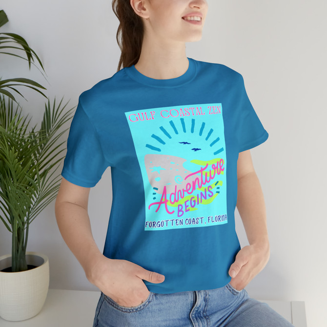 Gulf Coastal Zen Forgotten Coast Florida Waves Sand Sea Gulls Adventure Begins Ocean Beach T-Shirt Aqua