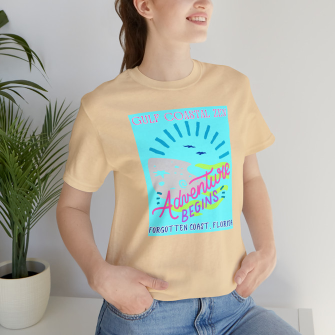 Gulf Coastal Zen Forgotten Coast Florida Waves Sand Sea Gulls Adventure Begins Ocean Beach T-Shirt Aqua