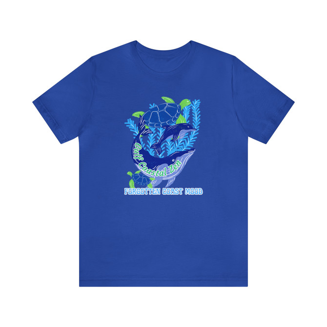 Gulf Coastal Zen Forgotten Coast Mood Vintage Whale Dolphin Sea Turtles T-Shirt Background Blue