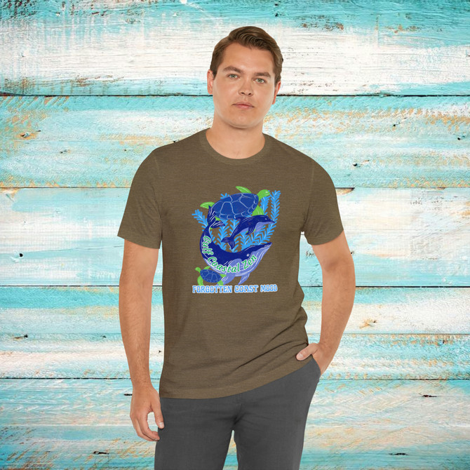 Gulf Coastal Zen Forgotten Coast Mood Vintage Whale Dolphin Sea Turtles T-Shirt Background Blue