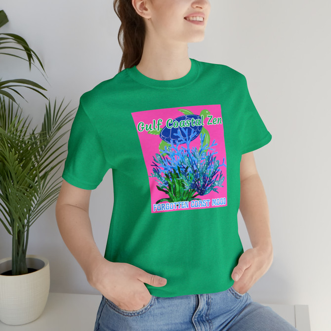 Gulf Coastal Zen Forgotten Coast Vintage Sea Turtle Coral T-Shirt Hot Pink Background