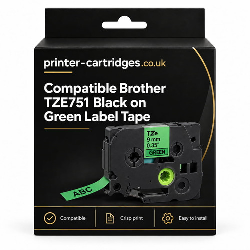 Compatible Brother TZE751 Black on Green Label Tape