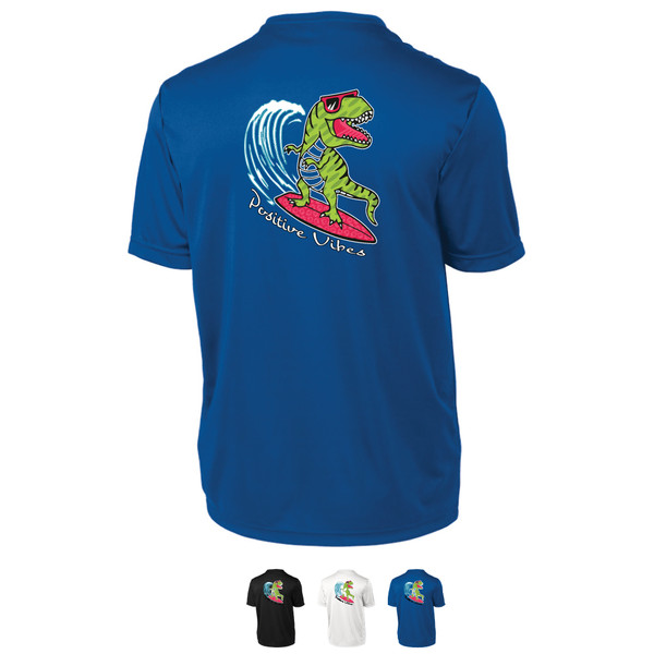 Back of Beach Squad Surfing T-Rex Short Sleeve in Royal Blue with Color Options