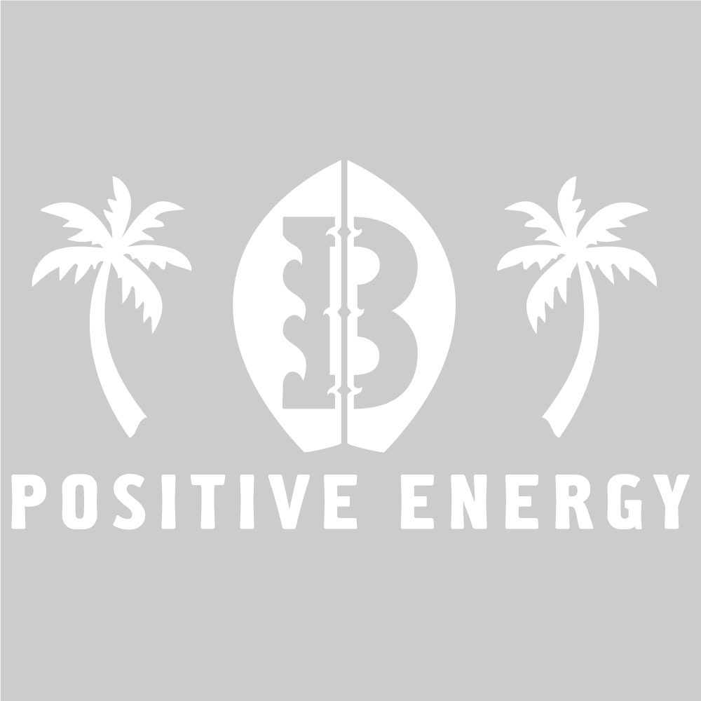 Beach Squad surfoard logo with palm trees and text Positive Energy