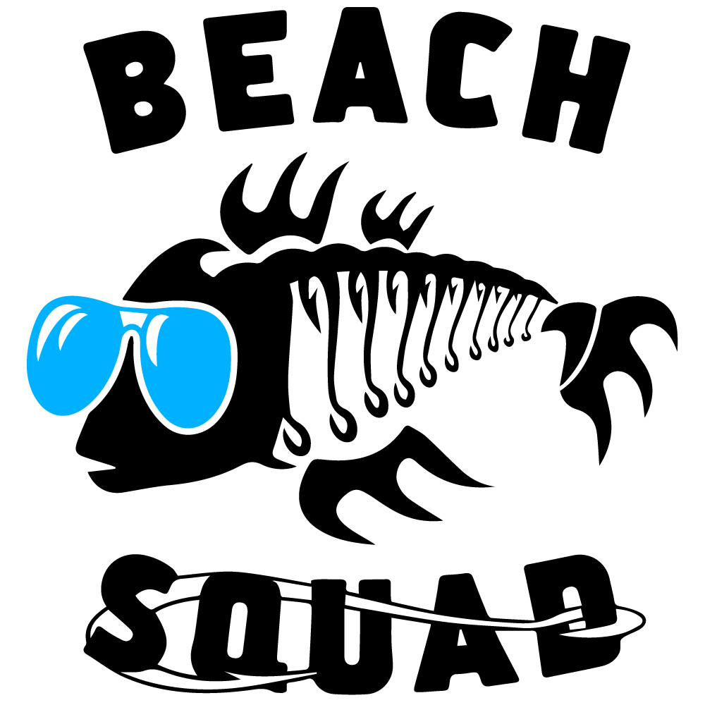 Beach Squad Fish shades fish designed from fish hooks wearing sunglasses with text "BEACH SQUAD"