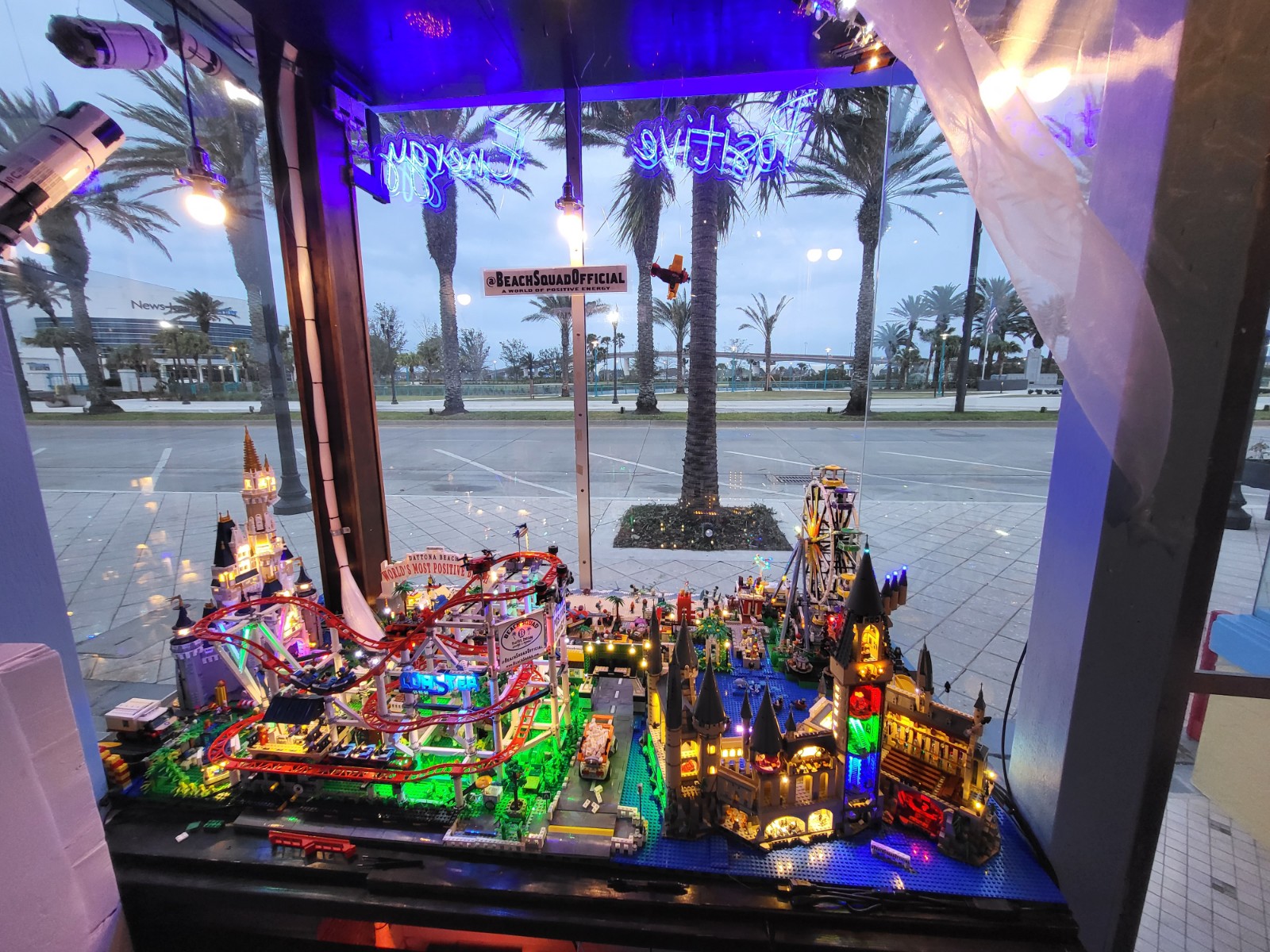 Beach Squad Lego Window Display full display lit up