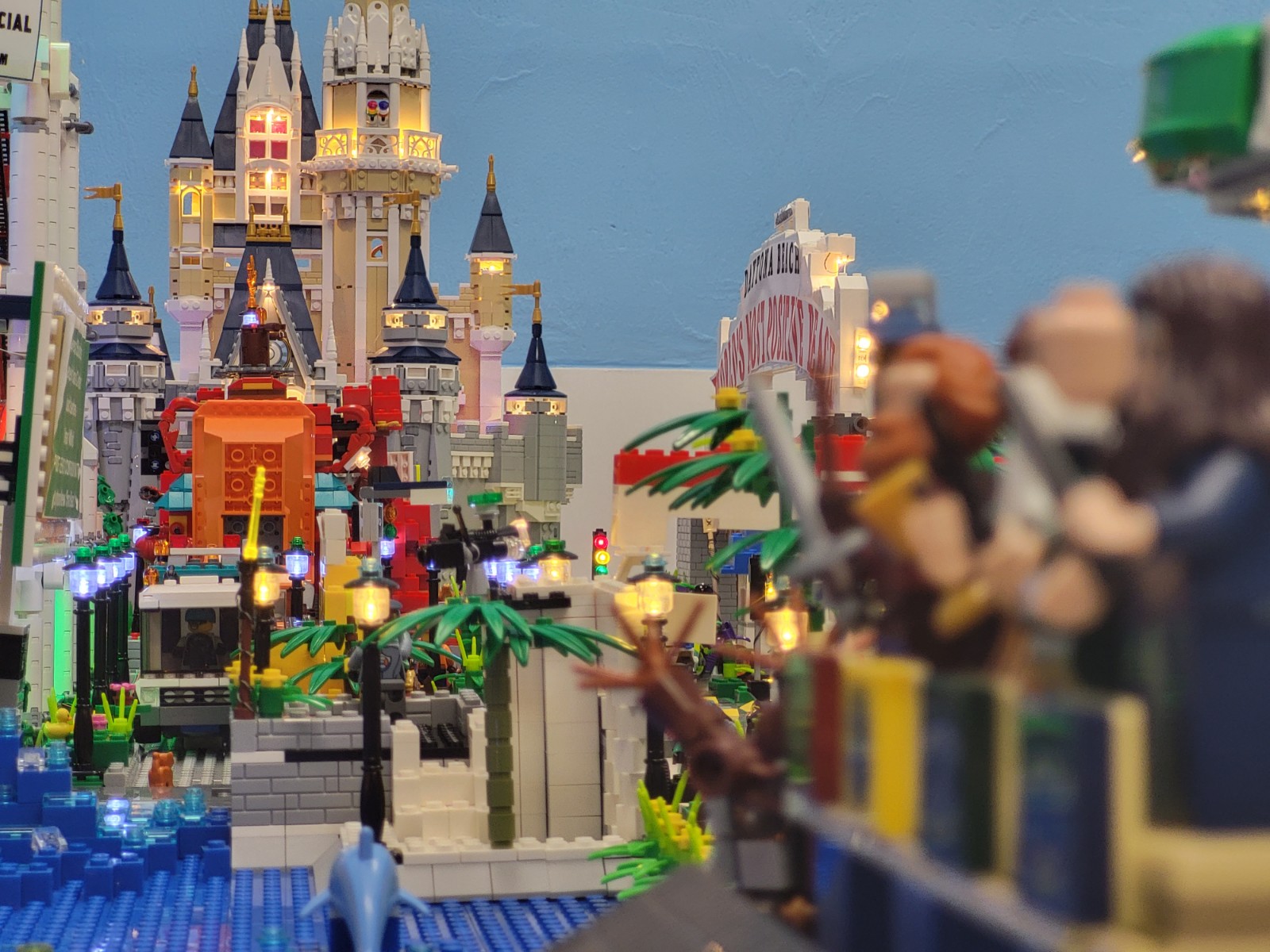 Beach Squad Lego Window Display Disney Castle and Worlds Most Famous Beach Sing