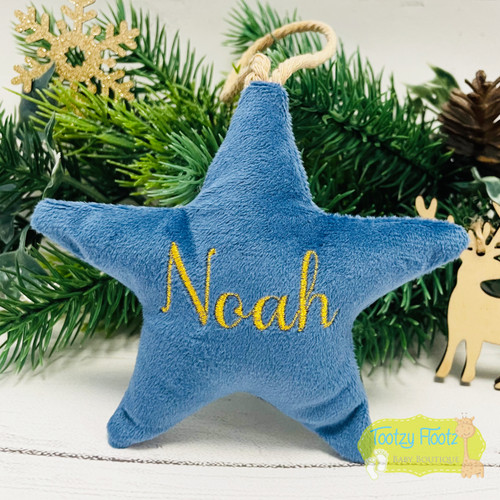 Personalised Velvet Christmas Star Ornament for Christmas Tree - Powder Blue with Gold Embroidery