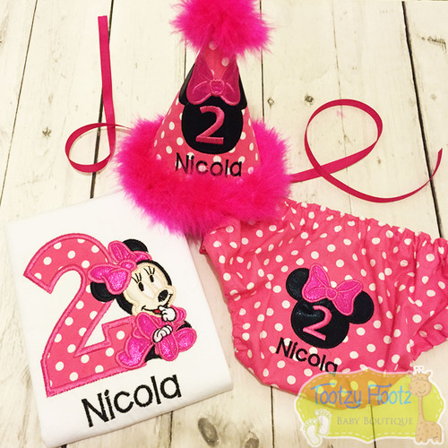 Cake Smash 3 Piece Set - Minnie Mouse Inspired (Pink Polka Dot) <Top, Hat, Nappy Cover>