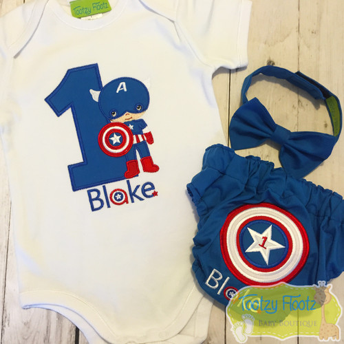 Cake Smash 3 Piece Set - The Avengers - Captain America Inspired <Top, Bow Tie, Nappy Cover>