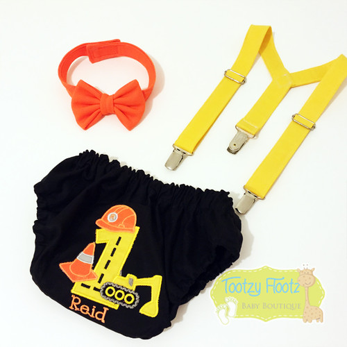 Cake Smash 3 Piece Set - Construction Themed <Neon Orange Bow Tie, Black Nappy Cover, Yellow Suspenders>