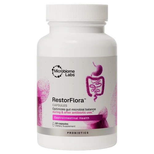 New Look. Bottle of RestoraFlora probiotic supplement featuring an advanced formula for gut health, microbiome balance, and digestive support.