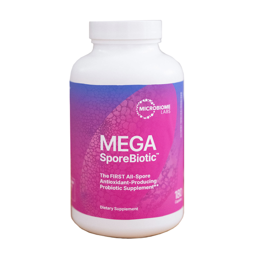 Bottle of MegaSporeBiotic probiotic supplement featuring spore-based formula for gut health, immune support, and digestive balance.