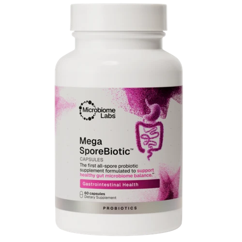 New Look. Bottle of MegaSporeBiotic probiotic supplement featuring spore-based formula for gut health, immune support, and digestive balance.