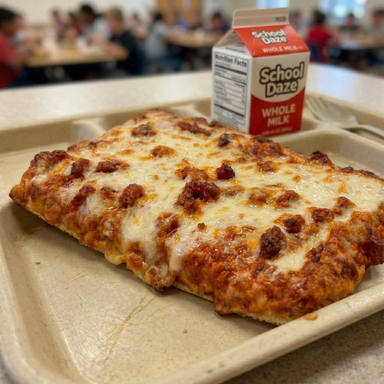 School lunch tray with rectangle pizza, corn, and milk