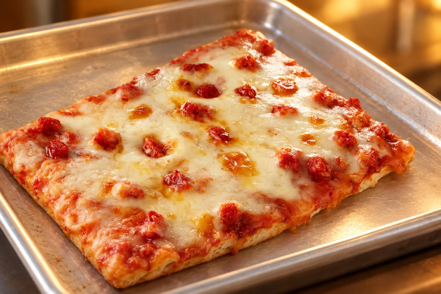 Rectangle pepperoni school pizza on a baking tray