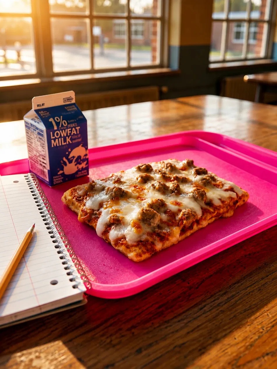 Sausage and cheese school breakfast pizza on a pink cafeteria tray with milk