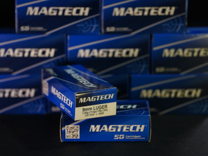 Magtech 9mm 115gr FMJ ammo offers clean-burning, reliable performance in a reloadable brass case. Perfect for training, plinking, and high-volume range days. 50-round box.