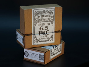Ally Munitions Premier Series 6.5 PRC ammunition loaded with the 156gr Berger Elite Hunter projectile in Gunwerks brass, packaged in a 20-round box with two individually sealed 10-round resealable bags and silica gel packs.