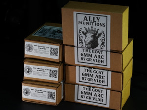 Versatile 6mm ARC 87gr Berger VLDH ammo from Ally Munitions' GOAT Series. Handloaded for accuracy, built for deer, hogs, coyotes, and home defense. The Greatest Of All Time. And Tasks.