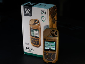 Vortex ACE Ballistic Weather Meter handheld environmental sensor used for shooting and hunting, displaying weather data with Bluetooth connection for ballistic applications