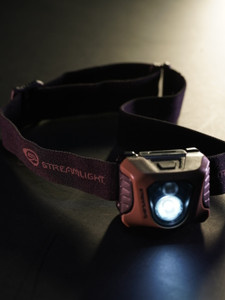 Streamlight Enduro Pro headlamp with black housing and coyote faceplate featuring green LED, lightweight hunting headlamp powered by AAA batteries