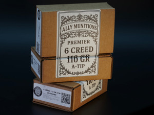 Ally Munitions Premier Series 6mm Creedmoor ammunition featuring the 110gr Hornady A-Tip loaded in Peterson Premium Brass.