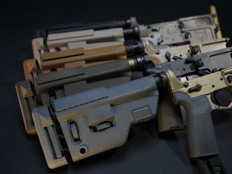 B5 Systems CPS Medium Stock – Adjustable AR-15 precision stock with 4 3/8" extended cheek riser, flat bottom for rear bags, and five color options. Made in the USA. Ideal for precision builds.