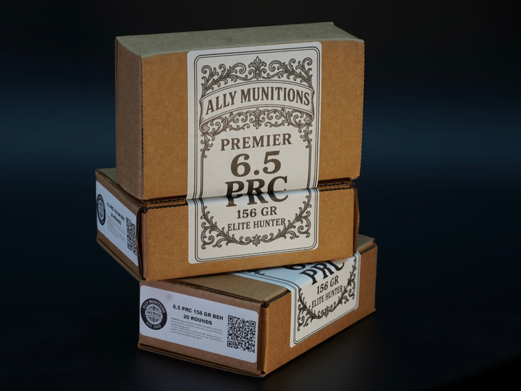 Ally Munitions Premier Series 6.5 PRC ammunition loaded with the 156gr Berger Elite Hunter projectile in Gunwerks brass, packaged in a 20-round box with two individually sealed 10-round resealable bags and silica gel packs.