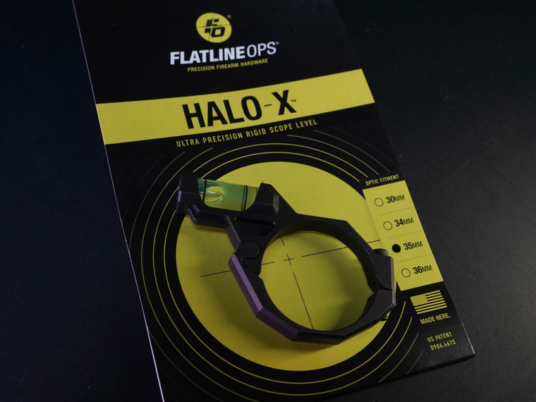 Flatline Ops HALO-X Precision Scope Bubble Level machined from 7075-T6 aerospace-grade aluminum for 30mm, 34mm, 35mm, and 36mm rifle scope tubes, proudly made in the USA.