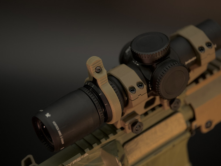 Lawds Leva™ installed on a Vortex AMG 1-10 LPVO, providing a larger, easier-to-use throw lever for faster magnification changes.