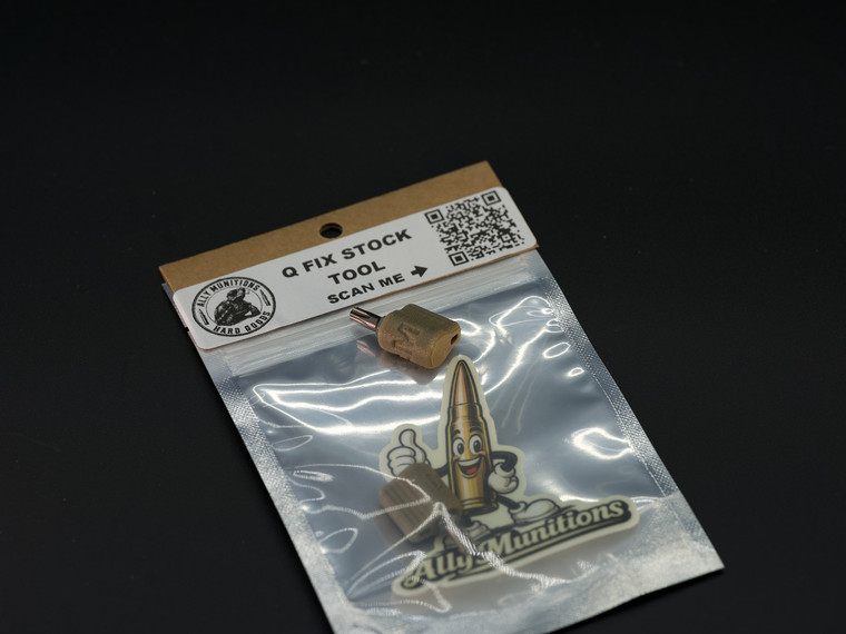 Ally Munitions Hard Goods Q FIX Stock Tool in FDE, an American-made compact T25 tool designed specifically for Q FIX comb-height and length-of-pull stock adjustments.