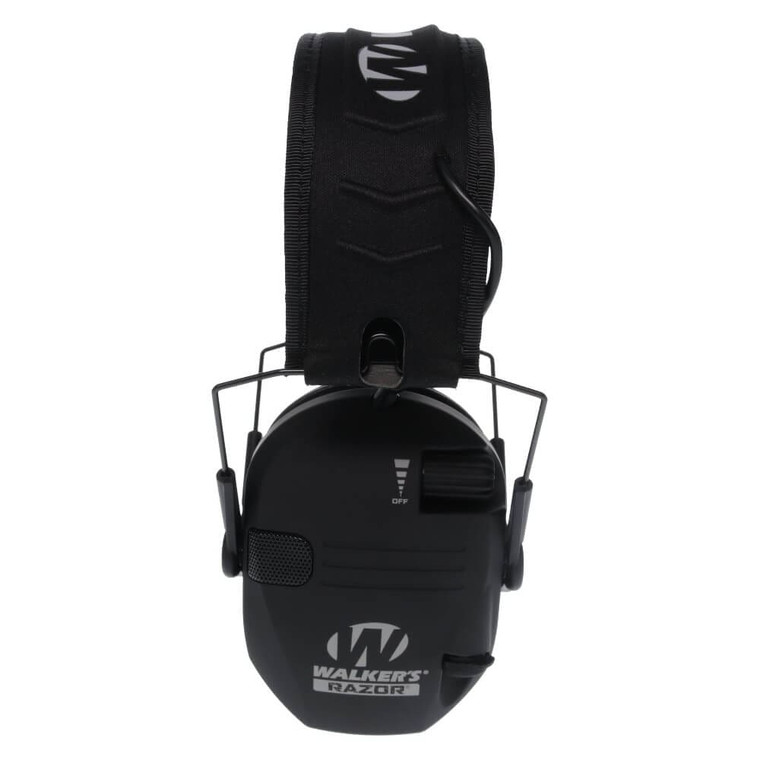 Walker’s Razor Slim Electronic Muffs in black featuring low-profile electronic hearing protection and a 23 dB noise reduction rating for shooting, hunting, range use, and outdoor firearm activities.