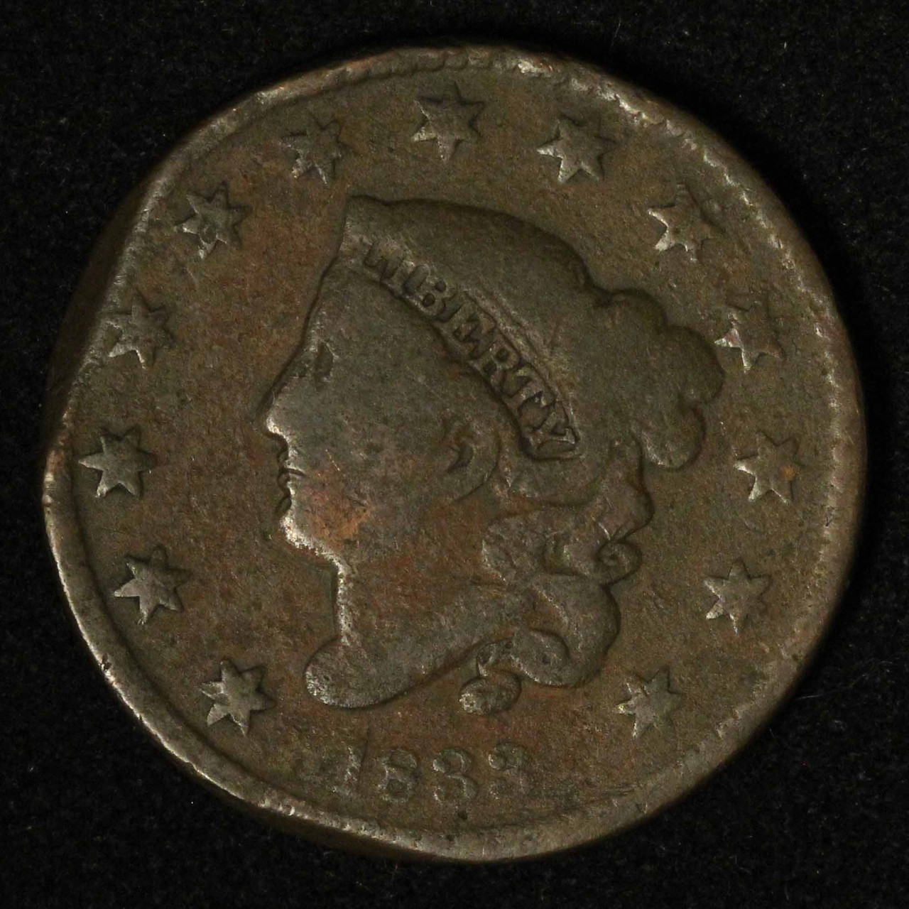 1838 1c Coronet Head Large Cent - Free Ship USA - The Happy Coin