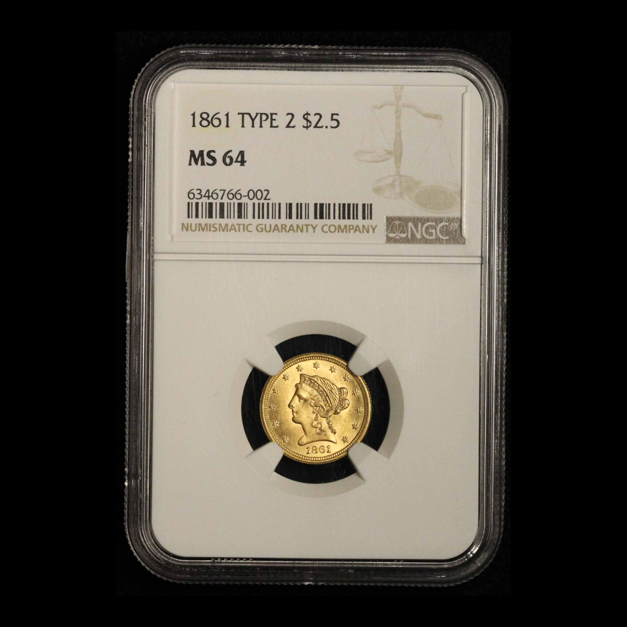 1861 $2.50 Gold Liberty Quarter Eagle - Type 2 - NGC MS64 - Free