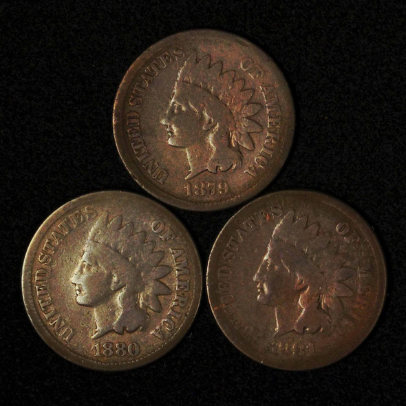 1879,1880 & 1881 1c Indian Head Cent Trio - Free Shipping USA