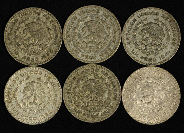 Lot of 6 Mexico Silver Un Peso - 1958,1959,1961,1962,1963,1965 - Free Ship US