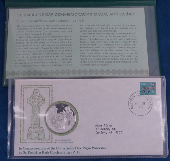 1976 St. Patrick's Day Commem. Silver Medal & Cachet - Free Shipping USA