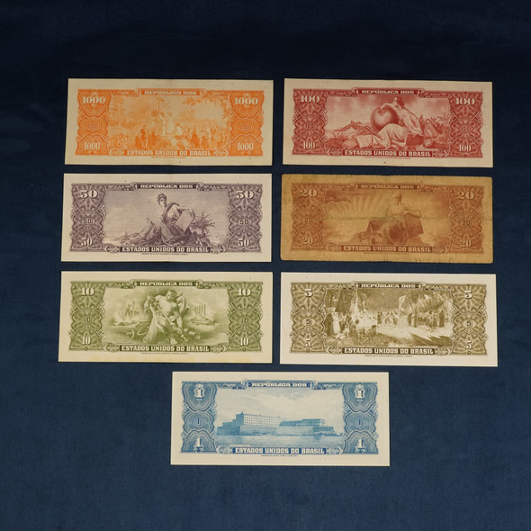 Mid-Century Lot of 7 $1-$1000 Cruzeiro Brazil Bank Notes - Free Shipping USA