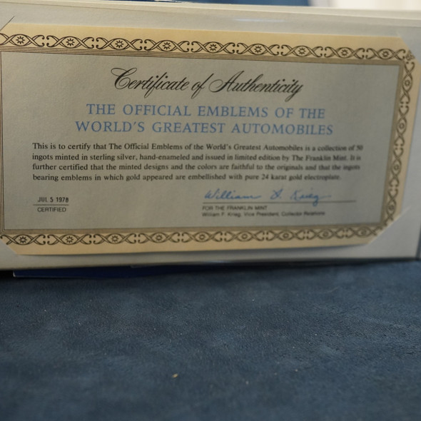 Franklin Mint Silver Ingots Emblems of the World's Greatest Auto's-Free Ship USA