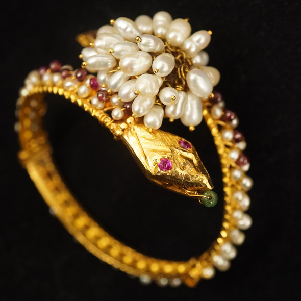 Antique Victorian 18k Yellow Gold & Multistone Two Headed Snake Cha-Cha Bracelet