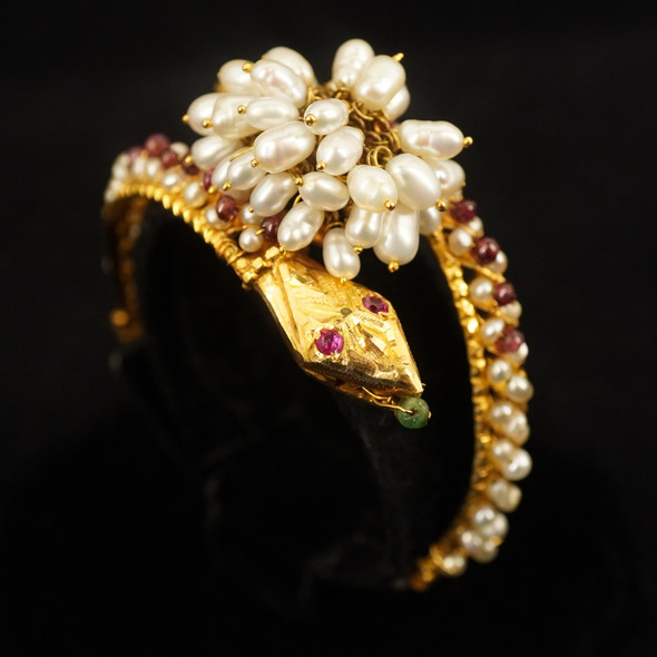 Antique Victorian 18k Yellow Gold & Multistone Two Headed Snake Cha-Cha Bracelet