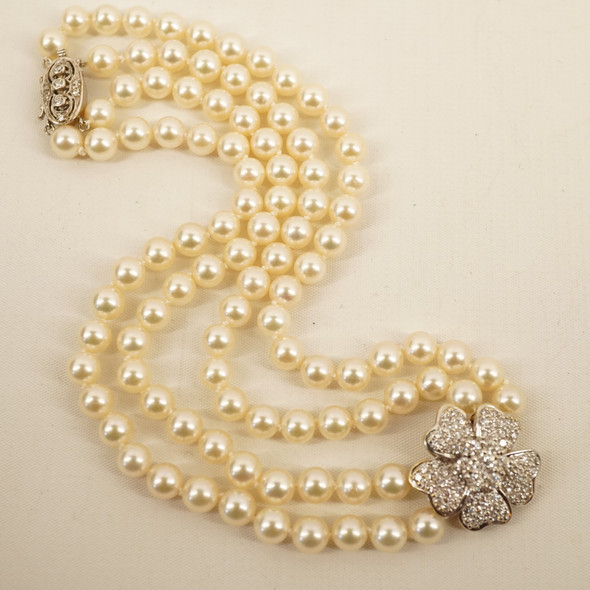 Two-Tone 18k Gold & Diamond Clasp & Pendant Two Strand 6mm Pearl Choker Necklace