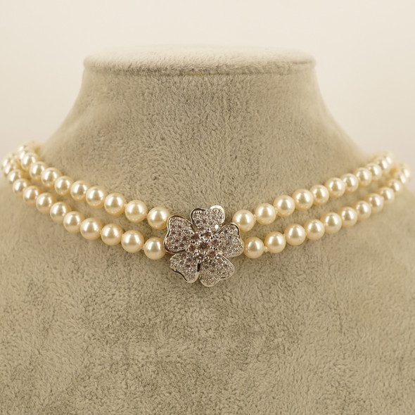 Two-Tone 18k Gold & Diamond Clasp & Pendant Two Strand 6mm Pearl Choker Necklace