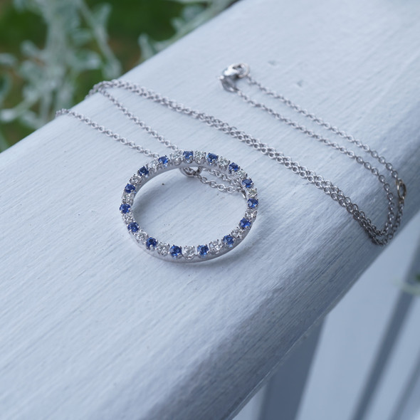 14k White Gold Diamond & Blue Stone Eternal Circle Necklace - Free Shipping USA