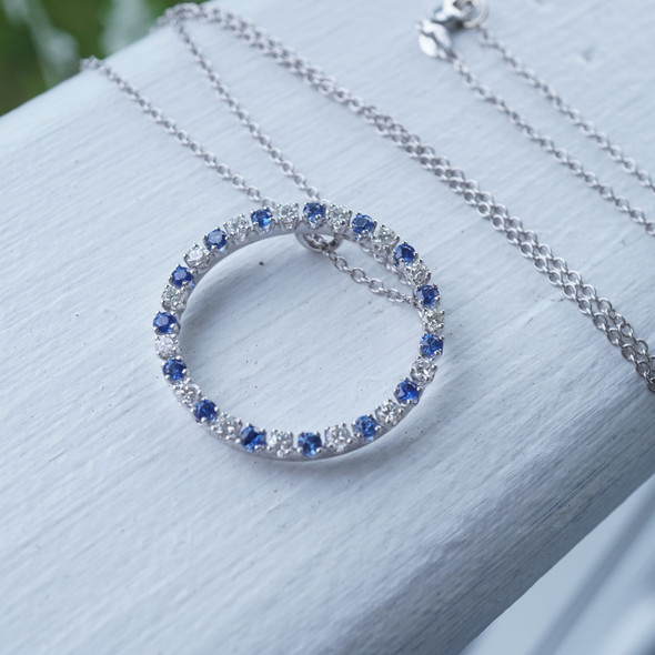 14k White Gold Diamond & Blue Stone Eternal Circle Necklace - Free Shipping USA