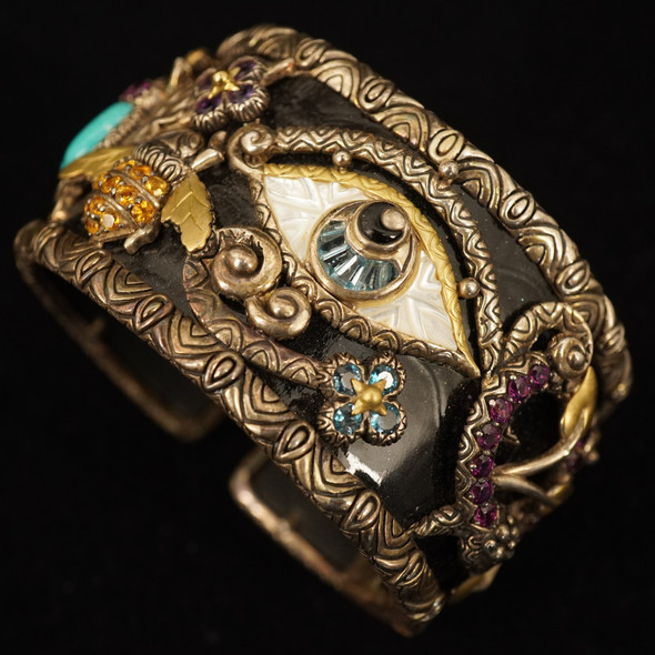 Barbara Bixby Sterling, 18k, Multi-Stone & Leather Evil Eye Cuff - Free Ship USA