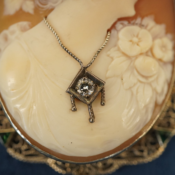 14k White Gold Filigree Diamond Carved Shell Cameo Pin Pendant- Free Shipping US
