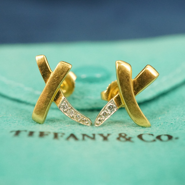 Tiffany & Co. x Paloma Picasso 18k Yellow Gold & Diamond X Kiss Earrings, 3g