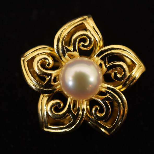 18k Yellow Gold Floral Pin with Single Pearl - Free Shipping USA